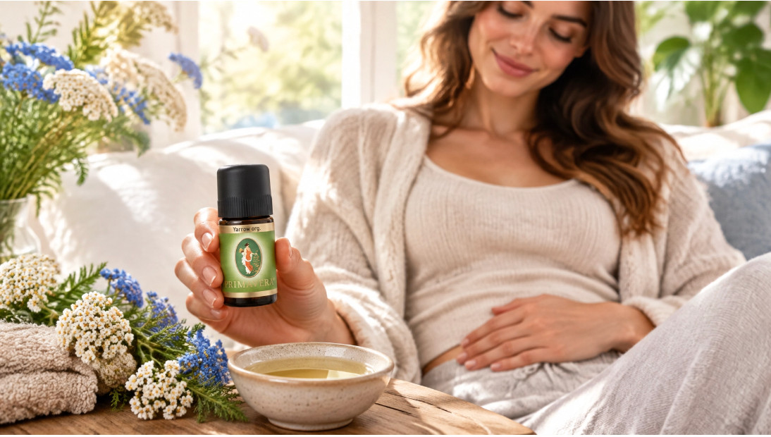 Woman relaxing on a sofa holding a bottle of Primavera organic yarrow essential oil beside fresh yarrow flowers